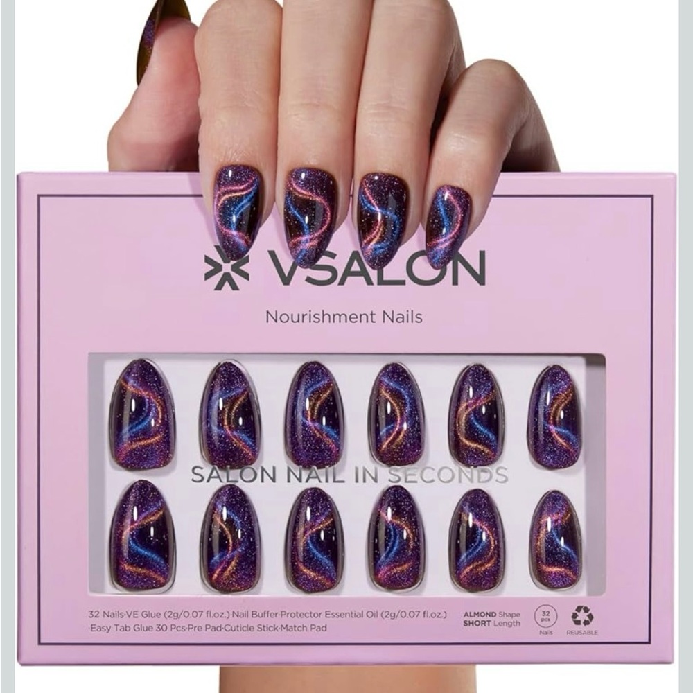 VSALON Press On Nails - Short Almond - Purple Cat Eye Sparkle for Spring